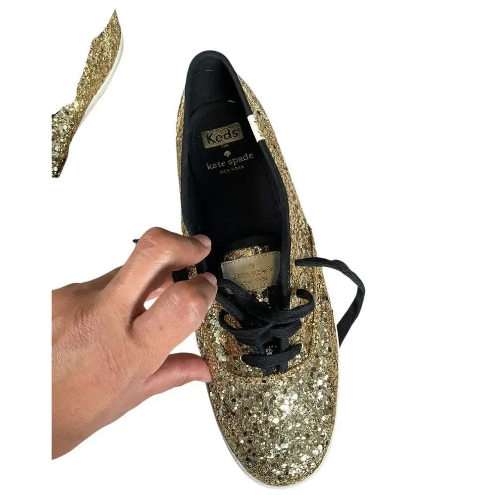 Kate Spade New York Keds Gold Glitter Sneakers Size 8 NWOT Champion LaceUp Shoes